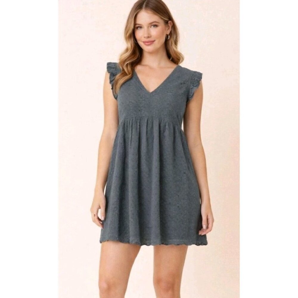 Knox Rose Boho Baby Doll Eyelet Flutter Sleeve V-Neck Dress Gray Blue XL